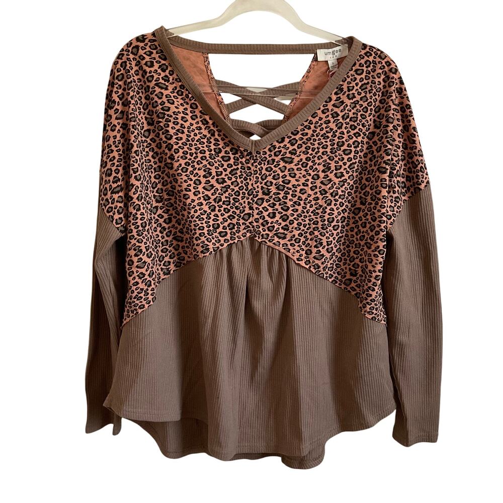 Umgee Leopard Print Mixed Media Boho Oversized Blouse‎ - Small - NEW